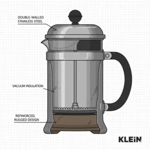 Illustration der robusten Bauweise einer camping french press klein für den Einsatz in der Wildnis.