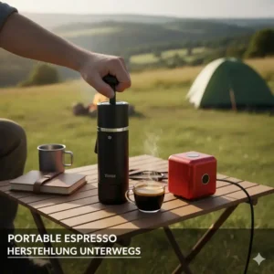 Benutzer bereitet Espresso mit einer portable espresso maschine test 2026 beim Camping zu.