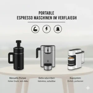 Vergleich verschiedener Modelle von Espresso To Go Maschine Empfehlung: Manuelle Pumpen, Batteriebetrieb und Kapselsysteme im Überblick.