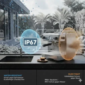 Technische Darstellung der IP-Schutzklasse für eine espressomaschine outdoor wetterfest bei Regen.