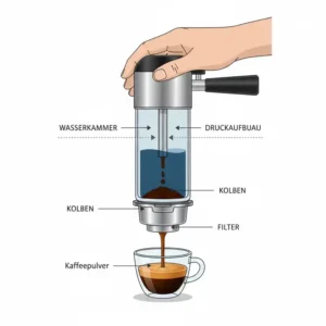 Infografik zur Funktionsweise einer tragbare espressomaschine manuell mit Drucksystem.