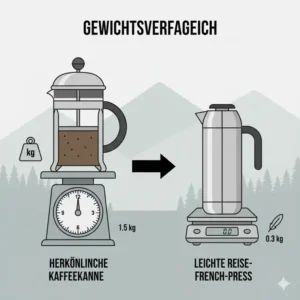 Ein Gewichtsvergleich, der zeigt wie eine reise french press leicht im Rucksack wiegt.