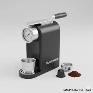 Nahaufnahme des kompakten Designs der Handpresso Pumpe und ihrer Komponenten, bereit für den manuellen Betrieb, detailliert im Handpresso Test 2026.