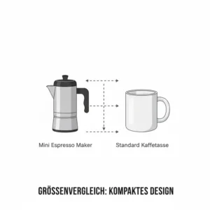 Größenvergleich: Der mini espresso maker leichtgewicht neben einer herkömmlichen Kaffeetasse.