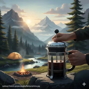 Eine robuste Kaffeemaschine beim Camping für den French Press Reisekaffeemaschine Test.
