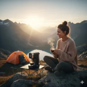 Man trinkt frisch gebrühten Espresso mit der tragbare Espressomaschine Akku beim Camping in den Bergen.