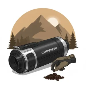 Kompakte tragbare espressomaschine camping in Nahaufnahme; ideal für Reisen und Outdoor-Abenteuer.