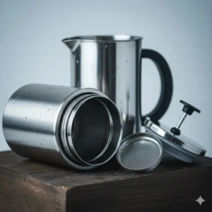 Nahaufnahme der hochwertigen Oberfläche einer tragbaren french press edelstahl.