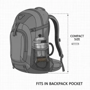 Infografik über die kompakten Maße der camping french press klein für den Rucksack.