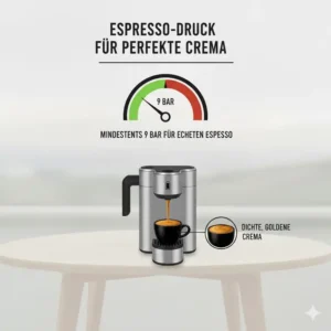 Darstellung des notwendigen Drucks (mindestens 9 Bar) für die Extraktion von Crema bei einer tragbaren Espresso To Go Maschine Empfehlung.