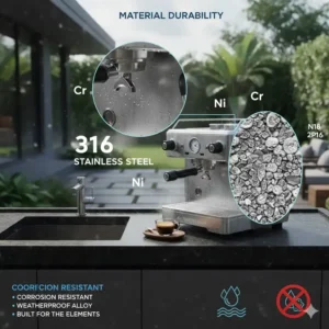 Detailansicht der korrosionsbeständigen Materialien einer espressomaschine outdoor wetterfest aus Edelstahl.