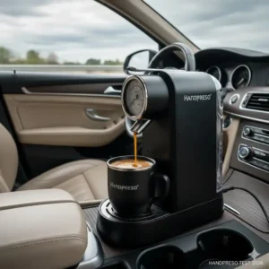 Die Handpresso Auto Maschine in Gebrauch, eingesteckt in eine 12V-Steckdose, Druck aufbauend und Espresso ausgebend, relevant für den Handpresso Test 2026.