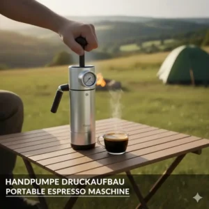 Nahaufnahme der Handpumpe einer portable espresso maschine test 2026 beim Druckaufbau.