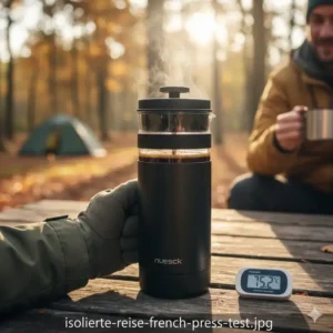 Eine isolierte French Press Reisekaffeemaschine Test im Einsatz für heißen Kaffee unterwegs.