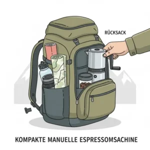 Illustration einer kompakten tragbare espressomaschine manuell für den Rucksack.