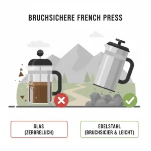 Illustration der bruchsicheren Materialien einer reise french press leicht für Camper.