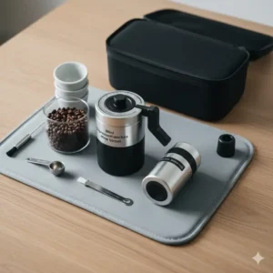 Komplettes tragbares Espresso-Set für Reisen: Mini Espressomaschine ohne Strom, Mühle und Bohnenbehälter, kompakt verpackt.