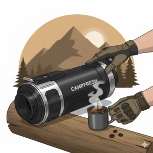 Eine Hand bedient die tragbare espressomaschine camping für schnellen Espresso in der Natur.