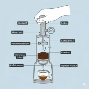 Schnittansicht, die zeigt, wie der Druck in einer manuellen Espressomaschine durch Pumpen erzeugt wird – Kernfunktion der mini espressomaschine ohne strom.