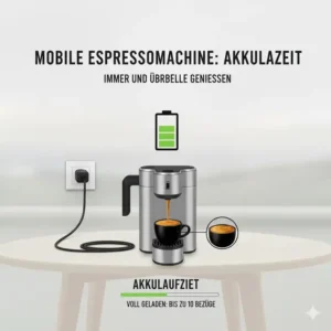 Detailansicht einer mobilen, akkubetriebenen Espresso To Go Maschine Empfehlung und ihrer Ladeanzeige für die Akkulaufzeit.