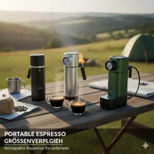 Größenvergleich von drei portable espresso maschine test 2026 Modellen.