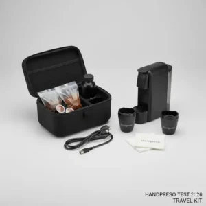 Das komplette Handpresso Reisekit mit Maschine, Tassen und Servietten, wie es im Handpresso Test 2026 vorgestellt wird.