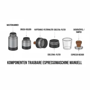 Die verschiedenen Bauteile einer tragbare espressomaschine manuell in der Übersicht.