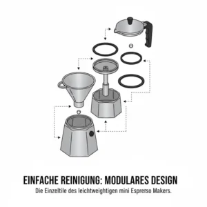 Explosionszeichnung der Einzelteile eines mini espresso maker leichtgewicht Modells.