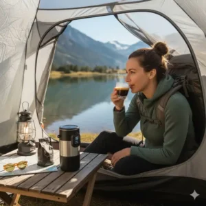 Outdoor-Einsatz der Reisekaffeemaschine für Espresso mit Druck von 18 bar in den Bergen.