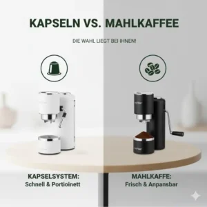 Gegenüberstellung: Portabler Espresso To Go Maschine Empfehlung, der mit Kapseln arbeitet, und ein Modell für gemahlenen Espresso (Kaffeepulver).
