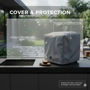 Eine schützende Abdeckhaube für die espressomaschine outdoor wetterfest auf der Terrasse.