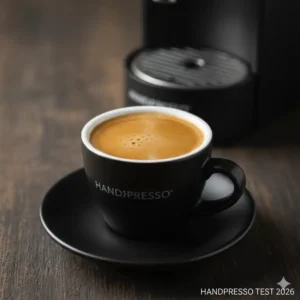 Ein perfekter Espresso-Shot von Handpresso mit dichter Crema, der die Qualität im Handpresso Test 2026 demonstriert.