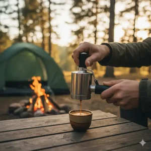 Die Mini Espressomaschine ohne Strom am Campingtisch. Zeigt die einfache Zubereitung von Espresso in der Natur, ohne Steckdose.
