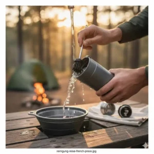 Die einfache Reinigung einer French Press Reisekaffeemaschine Test unter fließendem Wasser.