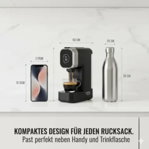 Extrem kompakte tragbare Espressomaschine Akku im Größenvergleich – Passt perfekt in jeden Rucksack oder Koffer.