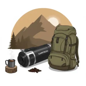 Größenvergleich der tragbare espressomaschine camping neben einem Rucksack und Tasse, um die Portabilität zu zeigen.