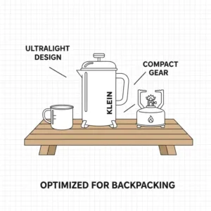 Darstellung einer ultraleichten camping french press klein neben einem Campingkocher.