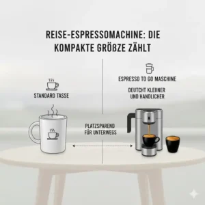 Größenvergleich der kompakten Espresso To Go Maschine Empfehlung neben einer normalen Kaffeetasse, um die Portabilität zu verdeutlichen.
