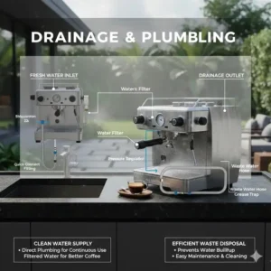 Skizze für den Festwasseranschluss und Abfluss einer espressomaschine outdoor wetterfest.