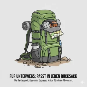 Ein mini espresso maker leichtgewicht platzsparend verstaut in einem Wanderrucksack.