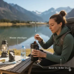 Befüllung der Reisekaffeemaschine für die Espresso-Zubereitung mit Druck von 18 bar.