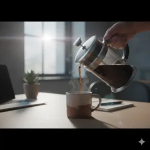 Frischer Kaffee wird aus der tragbaren french press edelstahl in eine Tasse gegossen.