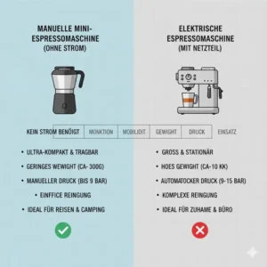 Vergleich von manueller Mini Espressomaschine ohne Strom vs. elektrische Maschine (Netzteil), Fokus auf Größe und Mobilität.