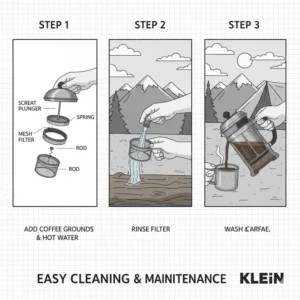 Grafik zur einfachen Reinigung des Filtersystems der camping french press klein.
