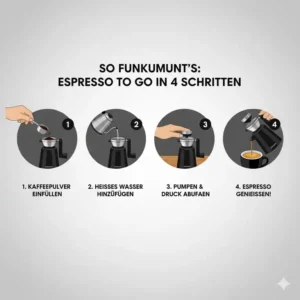 Schritt-für-Schritt-Anleitung zur Zubereitung eines Espresso mit einer manuellen, tragbaren Espresso To Go Maschine Empfehlung für unterwegs.