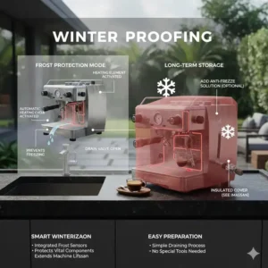 Infografik zur Überwinterung und Pflege einer espressomaschine outdoor wetterfest bei Frost.