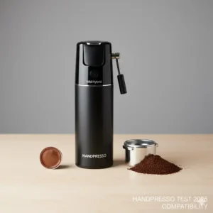 Eine ESE-Pad und gemahlener Kaffee neben der Handpresso Maschine, um die duale Kompatibilität im Handpresso Test 2026 zu zeigen.