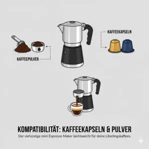 Vielseitige Nutzung von Kapseln und Pulver mit dem mini espresso maker leichtgewicht.