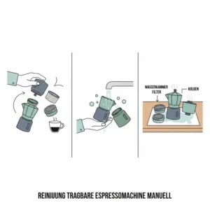 Darstellung der einfachen Reinigung einer tragbare espressomaschine manuell nach dem Gebrauch.