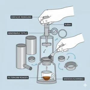 Einfache Reinigung und Demontage einer Mini Espressomaschine ohne Strom. Zeigt die wenigen abnehmbaren Teile.